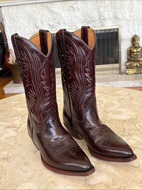 Loblan 194 Western Boots Oxblood Burgundy Leather Cowboy Boots Classic Biker